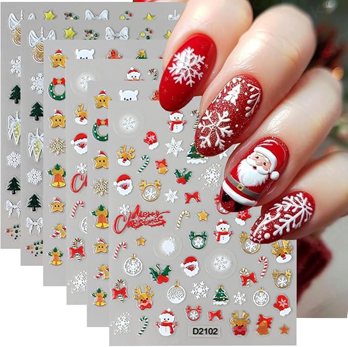 Christmas Nail Art Stickers Decals Crystal Ball Snowflake Nail Decals 3D Self-Adhesive Xmas Nail Art Supplies 6PCS Snowman Holly Leaf Santa Claus Bow Xmas Nails Design Manicure Slider for Women Girls