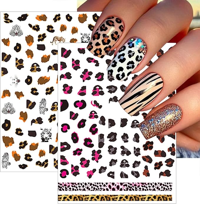 8 Leopard Print Nail Stickers 3D self-Adhesive French Nail Stickers Hibiscus Petal Nail Art Design Suitable for Women and Girls DIY Nail Decoration Supplies