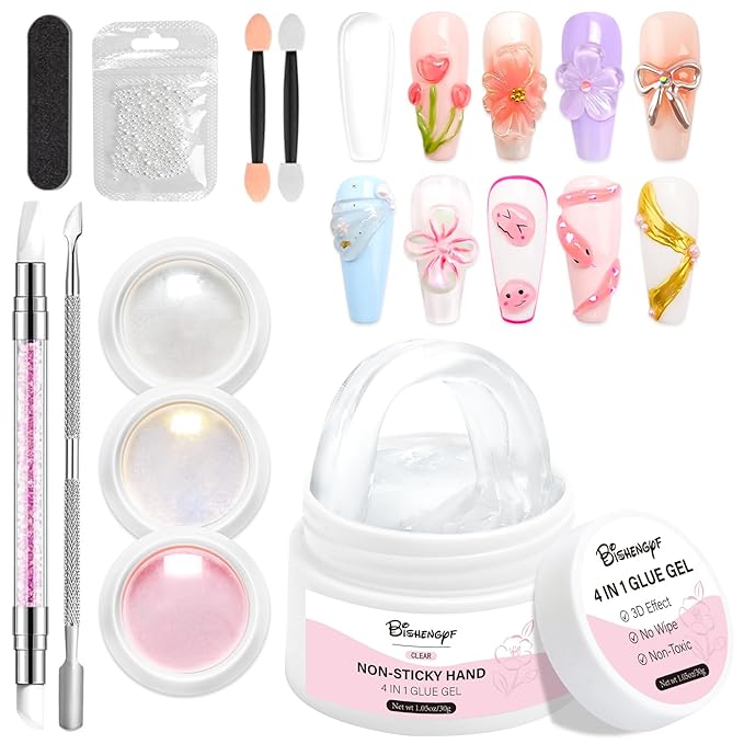 Solid Builder Gel and Chrome Nail Powder Kit BISHENGYF: 4 In 1 No Wipe 3d Sculpting Nail Gel Aurora Pink White Pearl Chrome Nail Powder Clear Non-Sticky Hand Extension Glue for Nail Decoration 30g
