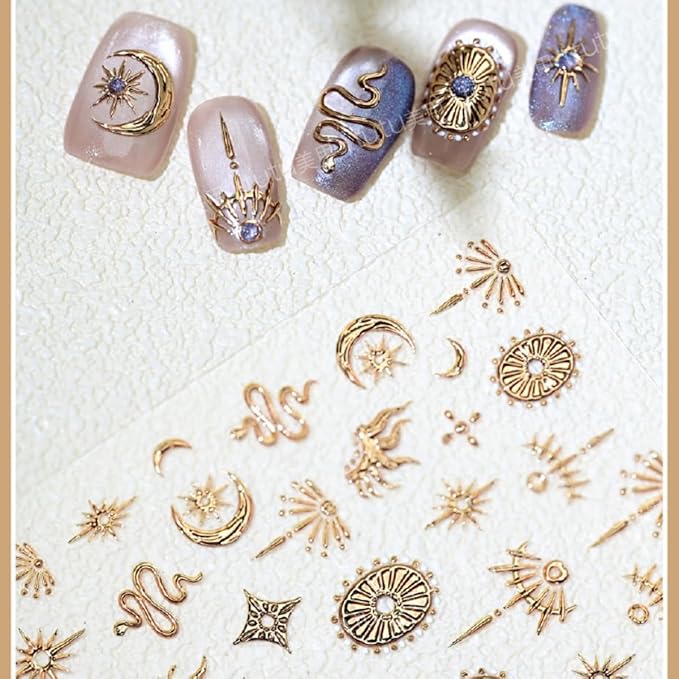 5D Embossed Nail Sticker Gold Snake Nail Art Sticker Self Adhesive Nail Decals Bronzing Stars Moon Star Nail Art for Women Girls Manicure Supplies Nails Art Decorations