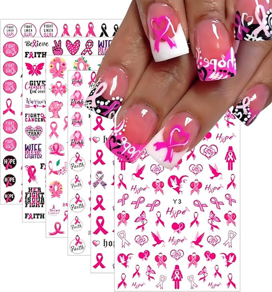 Breast Cancer Nail Art Stickers Pink Ribbon Nail Decals 3D Self Adhesive Nail Decals Love Heart Bow Pink Ribbon Design Nail Sticker Breast Cancer Awareness Nail Supplies for Women Decoration 6 Sheets