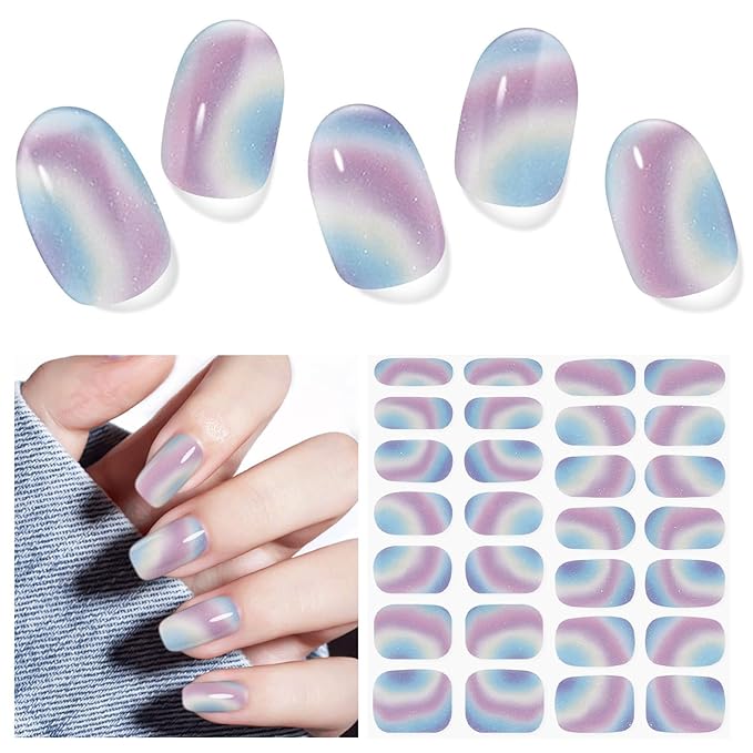 Semi Cured Gel Nail Strips (Multicolor), 28pcs Gel Nail Stickers, Work with Any UV Lamps, Long-Lasting NailWraps for Women Gifts, Easy to Apply & Remove, Includes Prep Pads & Wooden Stick