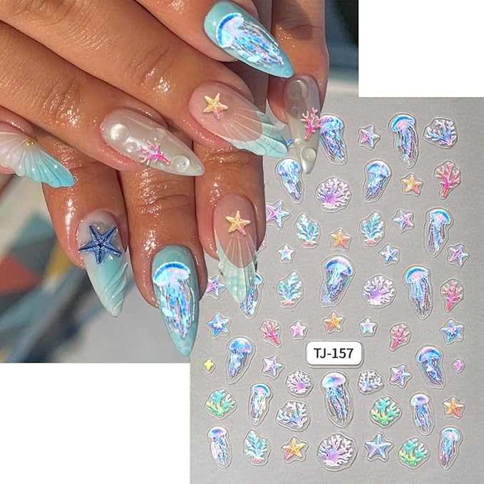 Shell Nail Stickers Jellyfish Nail Decals Starfish Nail Stickers for Nails Art Rainbow Conch Corals Design Summer Colorful Nails Art Sticker for Women Decoration Manicure Supplies 2 Sheet