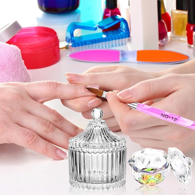 Acrylic Nail Brush Dappen Dish Set, 6PCS Nail Art Pen and 2PCS Crystal Dappen Dish, Manicure Bowl Cup Glass Container for Acrylic Liquid Nail Tool Kit