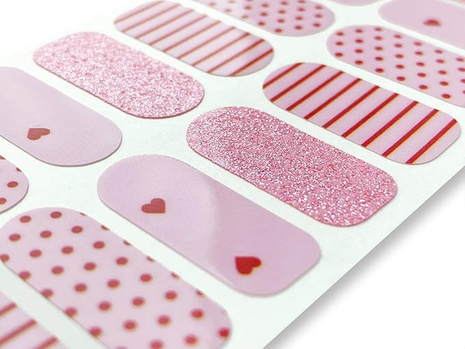 | 20 Exquisite Gel Nail Polish Strips w/Application Accessories - No UV/LED Lamp Required (Pink Glitter, Dots, Hearts & Lines)