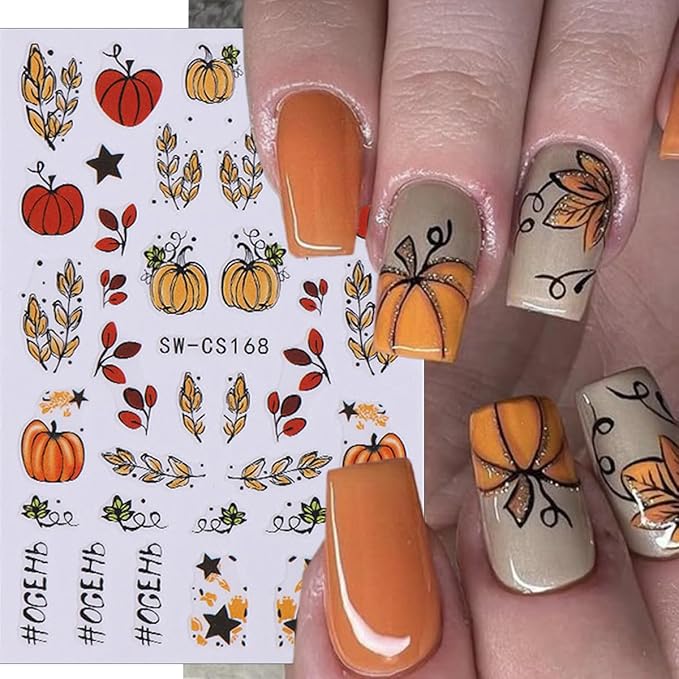 6 Sheets Fall Nail Stickers 3D Self Adhesive Thanksgiving Nail Decals Cute Pumpkin Nail Art Stickers Sunflower Maple Leaf Flower Nail Design Sticker Supplies for Women DIY Autumn Nail Decoration