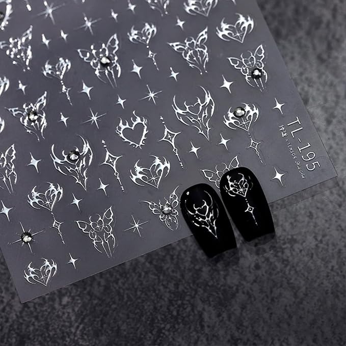 Silver Nail Art Sticker Decals Star Nail Stickers Butterfly and Heart with Design Self Adhesive Nail Decals 5D Embossed Rhinestone Manicure DIY Supply Decoration Accessories for Women
