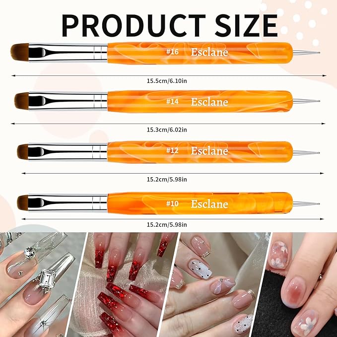 Esclane French Nail Brush, 2 Way Nail Art Brush with Dotting Tool, Orange Marble Acrylic Handle, Nail Dotting Pen