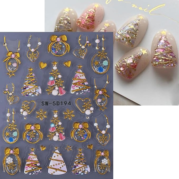 5D Embossed Christmas Nail Stickers for Nail Art - Gold Glitter Nail Art Stickers Xmas Tree Elk Deer Nail Decals Cartoon Nail Supplies for Women DIY Christmas Decorations 2 Sheets
