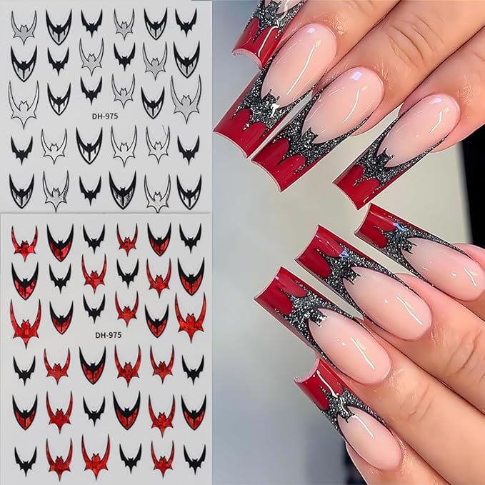 Bat Nail Stickers for Nail Art, Halloween Nail Art Stickers Black Gold Red Purple Silver Bat Nails Design Decals Halloween Manicure Decoration Accessories Supplies for Women 6 Sheets