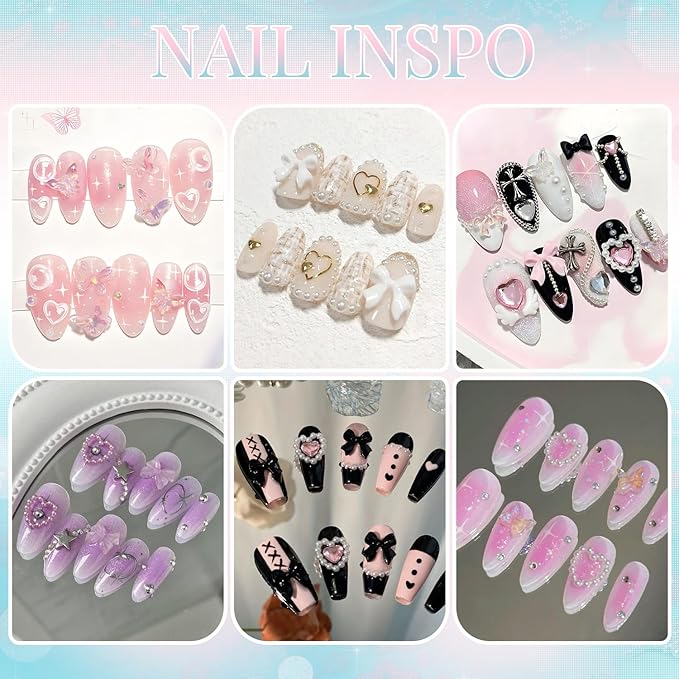 3D Nail Charms and Gems for Nails Design Set 1, Colorful Nail Bows Coquette Jewels + Cute Assorted Heart Star Rose Butterfly Junk Nail Charms + Nail Pearls for Nail Art Decor