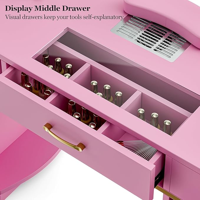 Nail Tech Table with Dust Collector, Glass Top Manicure Table Nail Desk Station w/7 Drawers & 3-Tiers Open Shelves, Nail Beauty Workstation w/Wrist Cushion & Golden Handles(Pink-New)