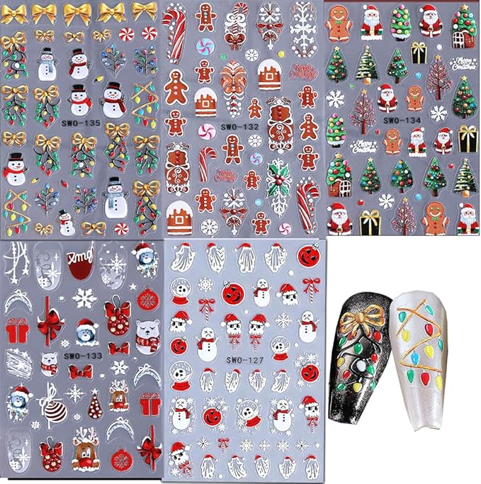5Pcs Christmas Nail Stickers 5D Christmas Tree Snow Man Nail Decals DIY Self Adhesive Bow Light Cute Snowman Nail Design 3D Nail Decoration Supplies Holiday Manicure Accessories for Women Girls