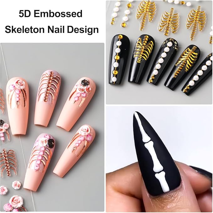6Pcs Halloween Nail Stickers for Nail Art, 5D Embossed Skeleton Decals Self-Adhesive Nails Supplies Rose Gold White Bone Skeleton Designs Goth Nail Stickers for DIY Manicure Decor