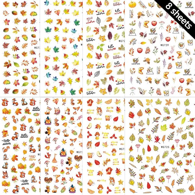8 Sheets Fall Nail Art Stickers 3D Self-Adhesive Maple Leaf Fox and Apple Design Nail Sticker Thanksgiving Nail Decals Autumn Acrylic Nail Art Decoration Fall Nail Art Decoration for DIY French Nail