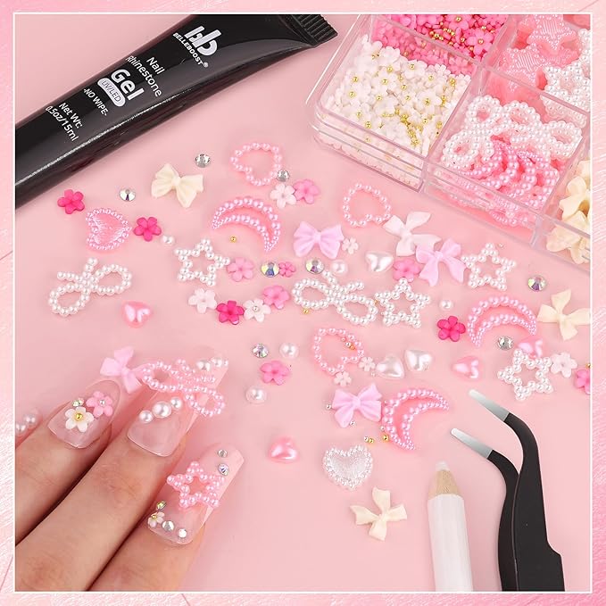 Chunky Nail Charms and Gems Set 4 with Rhinestone Glue, Girly Coquette Nail Charms + Assorted Pearl Bows Heart Star Moon + Cute 3D Flowers for Nails + Flatback Crystals & Pearls for Kawaii Nail Design