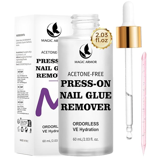 60 ML Nail Glue Remover for Press on Nails with Crystal Stick, Acetone-Free Odorless Nail Gel Glue Remover, Soft Painless Removal for Nail Tips