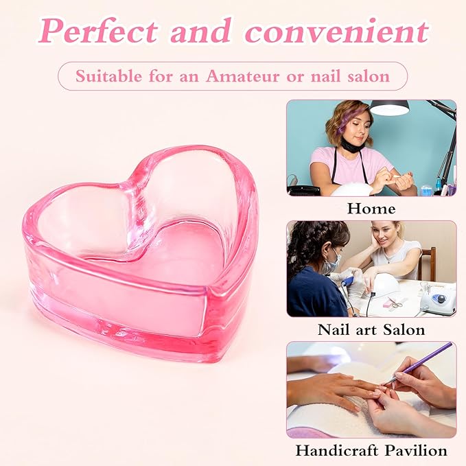 Ouligay Dappen Dish for Monomer, 2pcs Heart-Shaped Dampen Dish for Nails, Glass Monomer Dish, Crystal Monomer Cup for Acrylic Liquid, Nail Art Tools, Pink