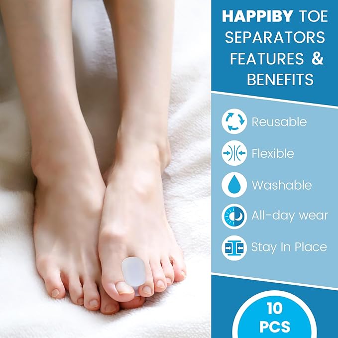 Toe Spacers(1/2"), Happiby Silicone Toe Separators for Bunion, Overlapping Toes and Toe Pain Relief, Big Toe Alignment, 5 Pairs/10 Pcs