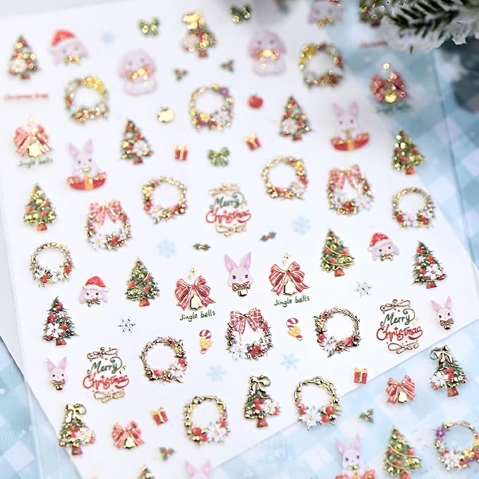 Christmas Nail Stickers for Nails Art Gold Nail Stickers Christmas Tree 5D Self-Adhesive Bow Nail Decals Winter Nails Art Cute Rabbit Nails Design Decoration Accessories for Women and Girls