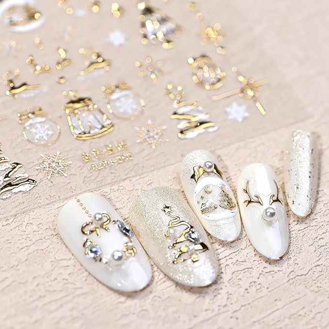 Christmas 5D Embossed Nail Art Stickers for Rhinestones - Self Adhesive Gold Xmas Trees, Snowman, Reindeer, Snowflake Design - Cute Winter Star Stickers for Women