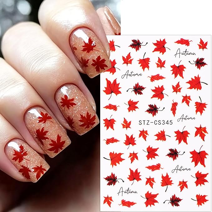 6 Sheets Fall Nail Stickers for Nail Art Orange Red Maple Leaves Nail Art Stickers Glitter Thanksgiving Pumpkin Nail Decals 3D Self-Adhesive Autumn Maple Leaf Nail Decoration for Women