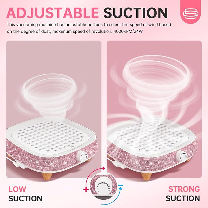 Nail Dust Collector, Dust Collector Nail Tech, Powerful 4000RPM Vacuum Fan Vent Dust Collector Extractor Dust Suction Machine for Acrylic Nails Polishing, Salon Home, Pink Diamond