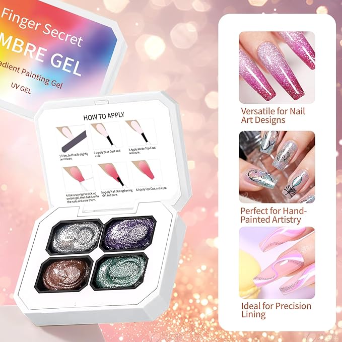 Finger Secret 4 Colors Set Ombre Gel Nail Polish,Gradient Painting GelS with 20pcs Nail Sponges for Gel Paint for Nails Art can be Painted in Salon or Home Use (k10)