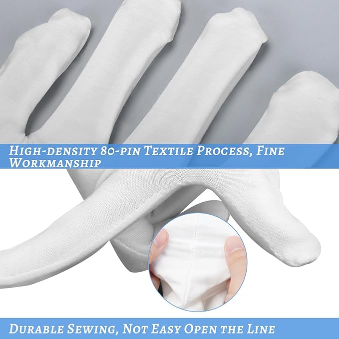 White Gloves, 6 Pairs(12 Pcs) Thinck Cotton Gloves for Dry Hands Sleeping, Moisturizing Gloves Spa Eczema Overnight, Work Gloves for Coin Jewelry Service