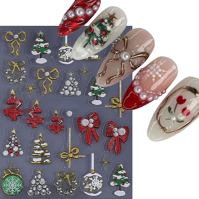 3 Pcs Christmas Nail Art Stickers 5D Embossed Bow Snowball Nail Stickers Xmas Tree Elk Nail Decals Red Gold Bow Snowflake Nails Supplies Winter Holiday Nails Decor for DIY Christmas Party Nail Designs