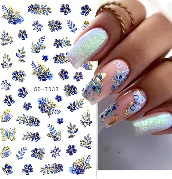 4 Sheets Flower Nail Art Stickers 5D Embossed Nail Decals Flowers Petals Leaf Nail Design Spring Sticker Geometry Engraved Floral Adhesive Foils Summer Leave Butterfly For Nail Art Manicure Decoration
