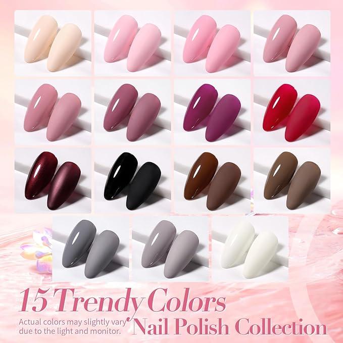 Born Pretty Fall Nail Polish Set, 15 Colors Brown Black White Gray Red Pink Nude Nail Polish Quick Dry Fall Winter Colors Fingernail Polish Kit for DIY Nail Art Salon Home Gift for Women