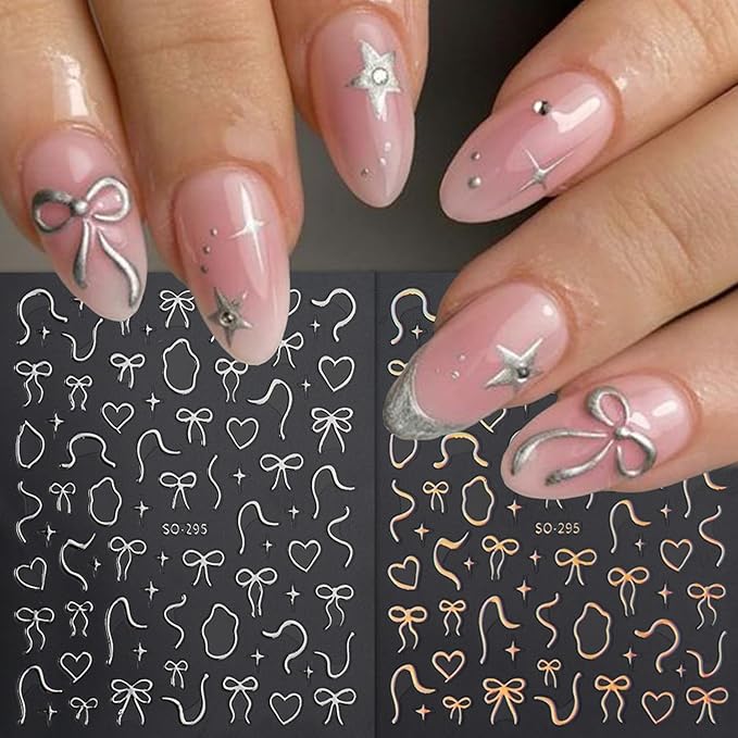4Sheets Gold Silver Bows Nail Art Stickers 3D Cute Red Bows Heart Nail Decals for Acrylic Nails Self-Adhesive Irregular Lines Designs Nail Stickers Love Star Nail Decal for Women DIY Manicure Decor