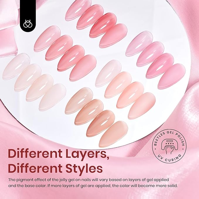 Beetles Jelly Gel Nail Polish Set, 6 Colors Jelly Gel Polish Kit Nude Pink Neutral Nail Art Design Sheer Translucent Gel Nail Kits Soak Off Uv Nail Lamp Cured Nail Manicure Gift for Women