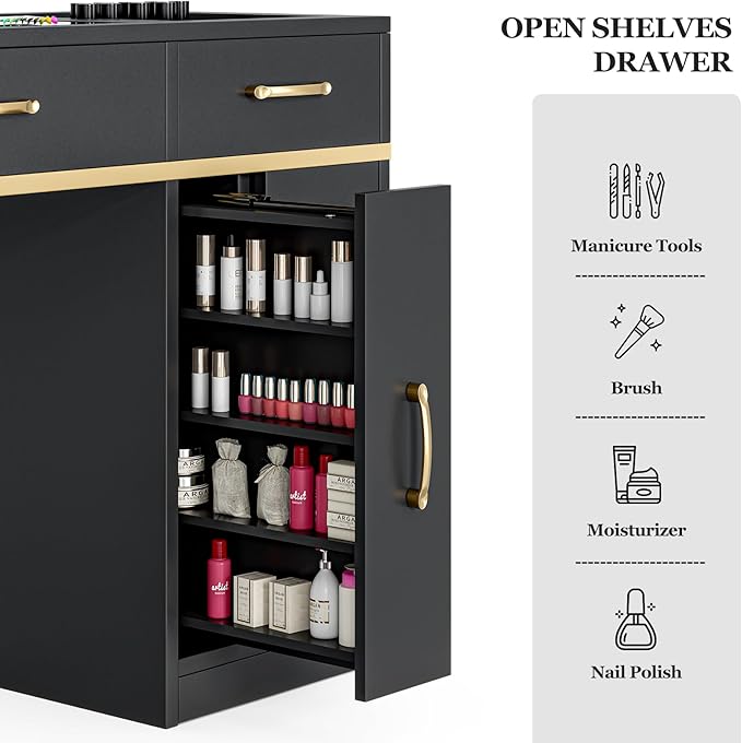 Nail Table Station with Dust Collector, Glass Top Manicure Table Nail Desk Station w/7 Drawers & 3-Tiers Open Shelves, Nail Beauty Workstation w/Wrist Cushion & Acrylic Display Rack(Black-New)