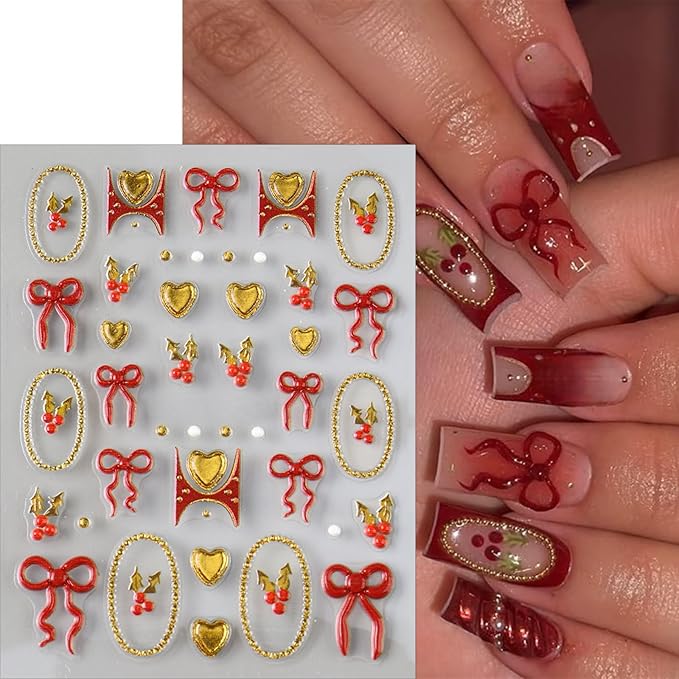 4 Sheets Christmas Nail Art Stickers 5D Embossed Winter Nails Decals Red Gold Heart Bow Nail Stickers Gold Circle Cherry Xmas Nails Design Winter Nail Supplies for Women Acrylic Manicure Decorations