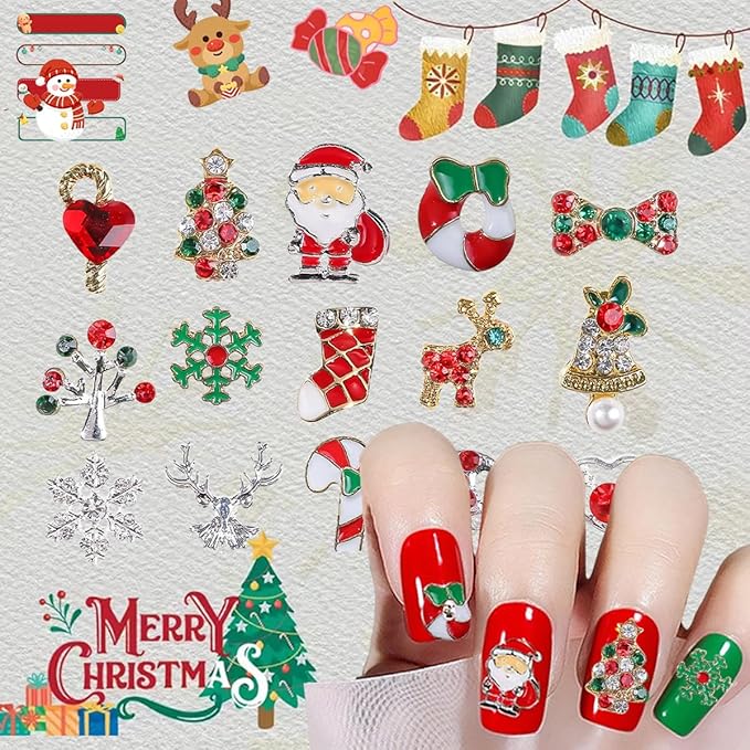 30Pcs Christmas Nail Charms and Gems 3D Metal Snowflakes Elk Candy Nail Jewelry Rhinestone Supply Winter Christmas Tree Socks Santa Claus Nail Art Charms for Women DIY Xmas Nails Decoration Supply