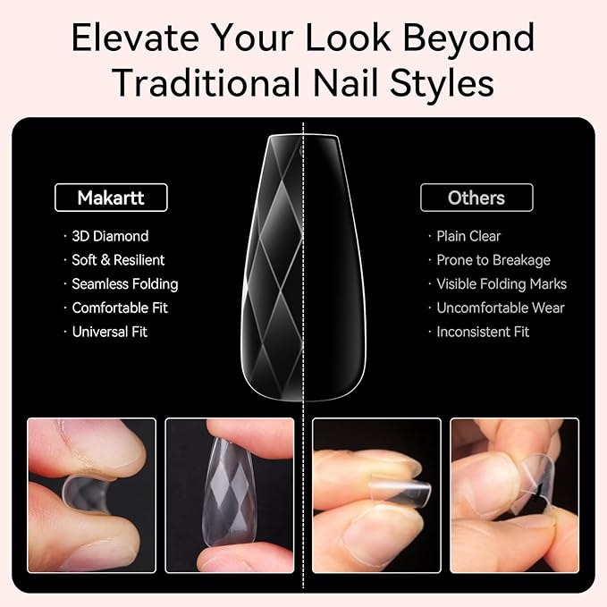 Makartt Medium Coffin Soft Gel Nail Tips: 120pcs 3D Diamond-Shaped Fake Nails Extension, 12 Sizes Full Cover Clear Press-On Tip, Natural Rhombus Lattice, Suit for Chrome Nail Powder