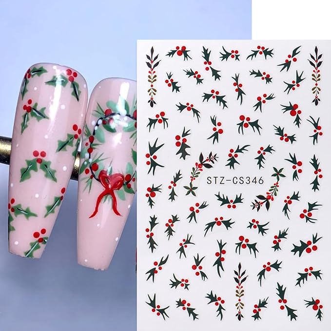 Christmas Nail Art Stickers Green Nail Decals with Green Leaves Red Beans Design 3D Self-Adhesive Nail Stickers Acrylic Accessories Nail Supplies for Women DIY Christmas Decorations 4 Sheets