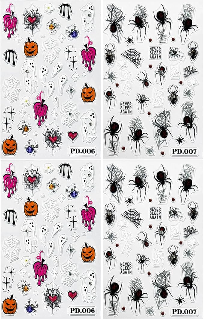 Halloween Embossed Nail Art Stickers -5D Cute Ghost Nail Decals for Nail Art Skull Spider Web Pumpkin with Rhinestones Design Self-Adhesive Nail Art Supplies Halloween Nail Decoration 4 Sheets