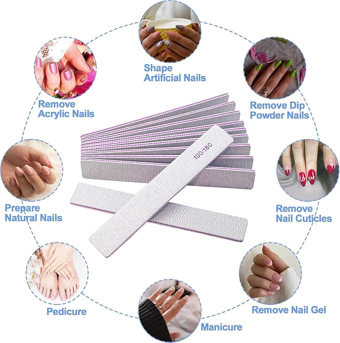 Nail Files (24 Packs), Professional 100/180 Grit Double Sided Emery Boards for Natural Nails Fingernail Toenail File Kit, Heavy Duty Emory Nail Filer Set Limas para Uñas Acrílicas Profesional