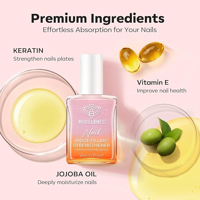 modelones Nail Strengthener Glitter Pink Nail Polish Nail Repair for Damaged Nails Hardener and Growth Polish Nail Care15ml