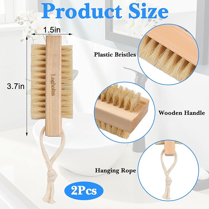 2Pcs Wooden Nail Brush for Cleaning Fingernails Two-Sided Wooden Fingernail Nail Scrubber Brush with Hanging Rope for Deep Cleaning Under Nails Fingernails Toes Nail Art and Industrial Repair Job