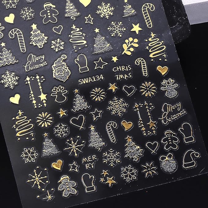Christmas Nail Art Stickers Decals Winter Snowflake Tree Christmas Nail Stickers 6PCS Gold Silver Crystal Ball Candy Elk 3D Self-Adhesive Xmas Nail Decals Nail Art Supplies for Women Nail Decorations