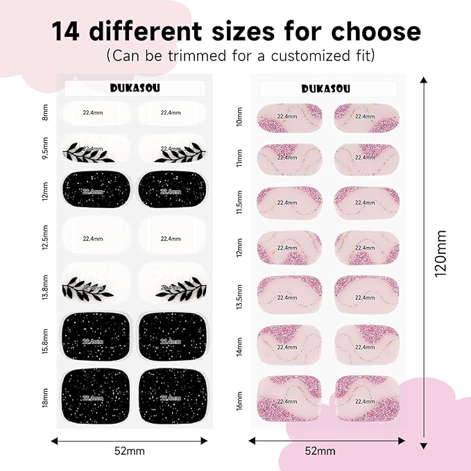 Semi Cured Gel Nail Strips 2 Set, (Black Leaves,Gilded Pink) 56 Pcs Gel Nail Wraps Stickers for Women DIY Gift, Works with Any UV Lamps,Long Lasting,Salon-Quality, Easy to Apply