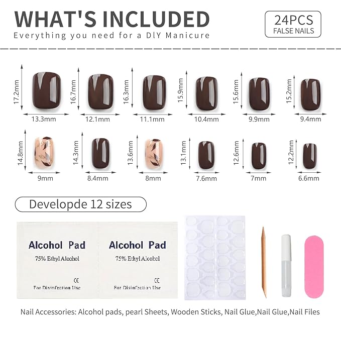 Dark Brown Press on Nails Short Square Fake Nails with Golden Leaf Accents Glitter Designs, Glossy Gel Finish Acrylic Short Fake Nails, Thick Natural Glue on Nails Kit for Women, 24Pcs