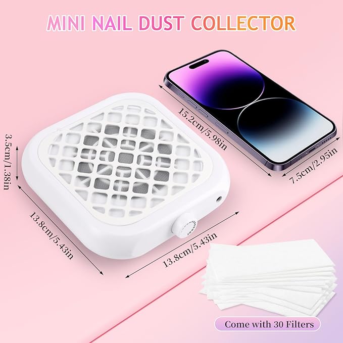 Mini Nail Dust Collector, Compact Nail Vacuum Fan Dust Collector for Beginner with 30PCS Filter Pads, Powerful Dust Suction Machine for Acrylic Nail Polishing Salon Home, Plug-in(White)