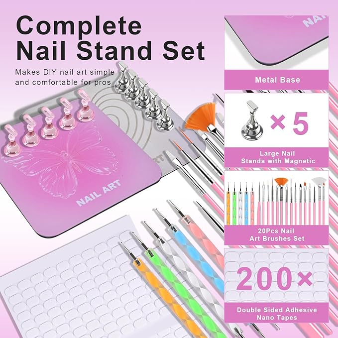 Nail Stand Brush Set, Magnetic Stands with Metal Base Art Palette, Reusable Nail Tips Display Practice Acrylic Holder with 200pcs Sticky Tabs and Tools for Home DIY Salon Supplies-Pink
