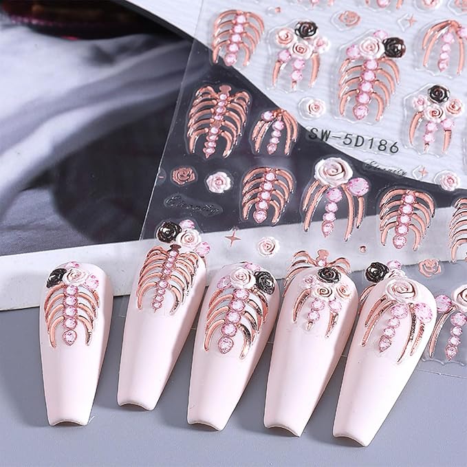 Halloween Nail Stickers Gold Finger Bones Nail Decals 5D Embossed Nail Supplies Rose Gold Bone Skeleton Nail Art Stickers for Acrylic Nails for Women DIY Manicure Decorations 2PCS