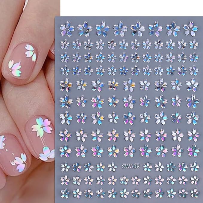 Flower Nail Art Stickers Decals 3D Self-Adhesive Laser Gold Sliver Cherry Bblossoms Flowers Nail Design Sticker Floral Spring Nail Art Supplies for Women and Girls Acrylic Nail Decoration 6 Sheets